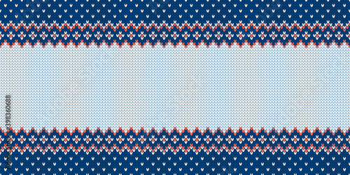 Knitwear texture. Template with empty place for text. Traditional seasonal wide background for holiday design. Winter knitted wool seamless sweater pattern. Christmas vector illustration.