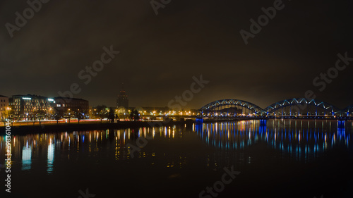Riga,Latvia,Europe, night views of the city and the railway bridge