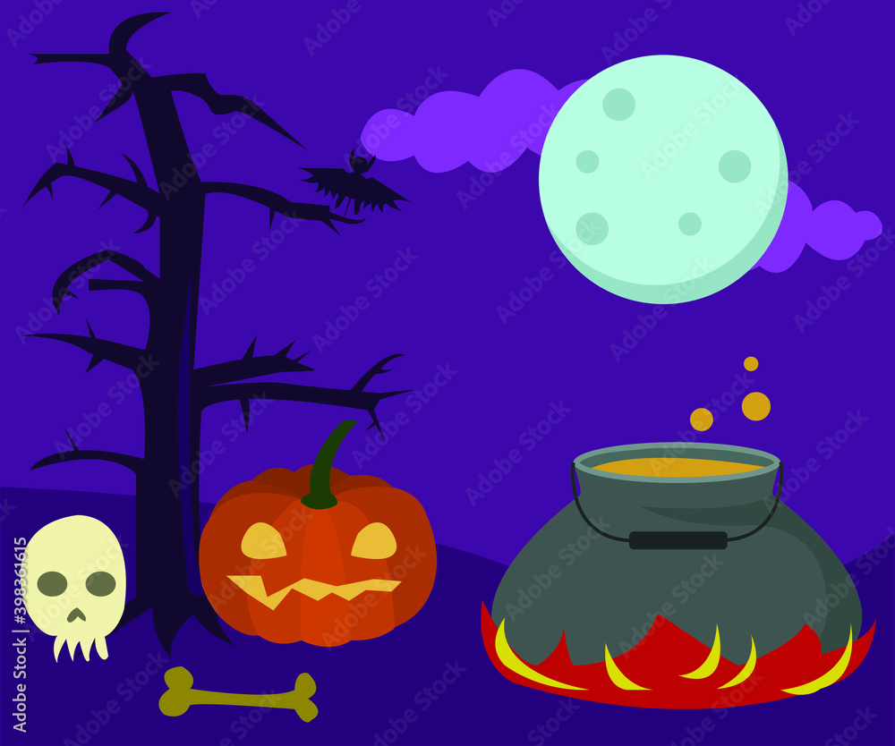 Fototapeta premium A Halloween card with pumpkin, skull, bat, moon and boiler.
