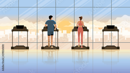Love at first sight between man and woman running on treadmill at fitness center in early morning sunrise. Everyday daily routine of active healthy people city lifestyle of diligent cardio exercise.