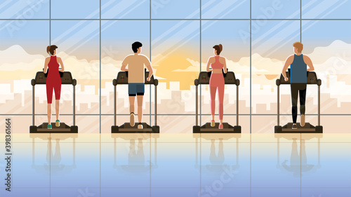 Back view group of person running on treadmill in fitness center at early morning sunrise orange light. Everyday daily routine of active healthy people city lifestyle of diligent cardio exercise.