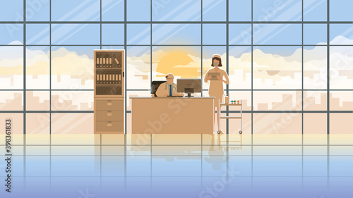 Medical concept scene. Senior doctor and nurse working on a desktop computer in doctor's office workplace at the early morning sunrise. Active career lifestyle of work hard overwork and responsibility