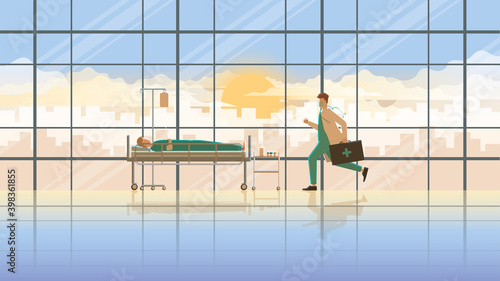 The urgent medical emergency case concept. The doctor suddenly runs for a sick patient sleeping on the bed in the hospital ward at the early morning sunrise. Occupation of work hard and responsibility