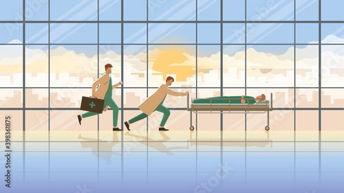 Medical concept scene of the urgent medical emergency case. Two doctors run and push sick patient lying on the bed in a hospital ward at early morning sunrise. Career of work hard and responsibility.