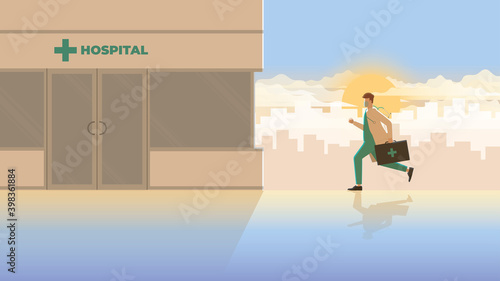 Vector medical concept scene of the urgent medical emergency case. The doctor suddenly run to hospital building in early morning sunrise. Occupation of work hard overtime overwork and responsibility.