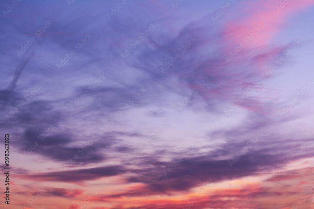 A view of the sky at sunset in vibrant blue pinks and violet colors.