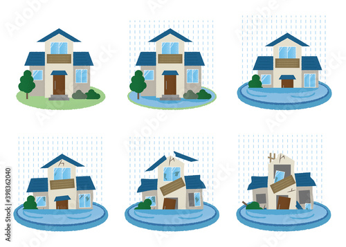 水害に遭う住宅のベクターイラストセット