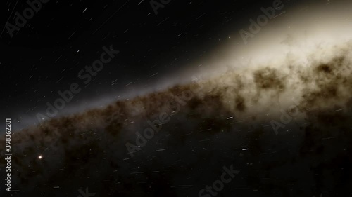 Exploration of galaxies through outer space towards a bright milky-way galaxy. 4K looping animation of flying through bright nebulae, clouds, and star fields.