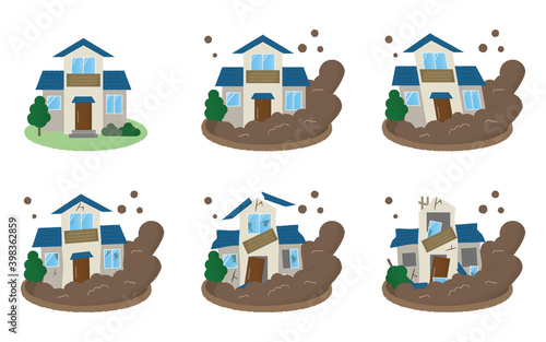 土砂崩れに遭う住宅のベクターイラストセット