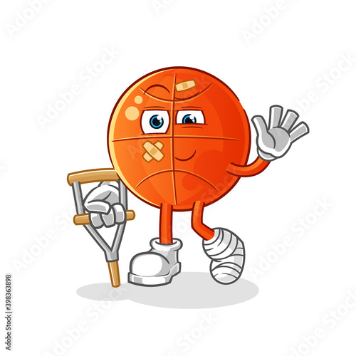 basketball sick with limping stick character. cartoon mascot vector