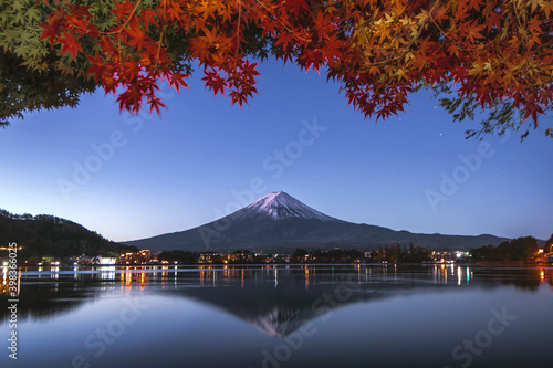 Fuji Mountain Reflection and Red Maple Leaves at Dawn, Kawaguchiko Lake, Japan