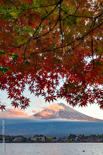 Fuji Mountain and Red Maple Leaves at Sunset, Kawaguchiko Lake, Japan