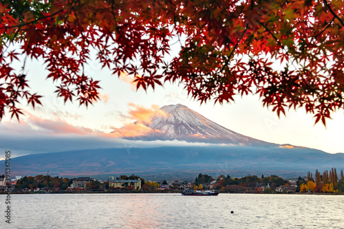 Fuji Mountain and Red Maple Leaves at Sunset in Autumn, Kawaguchiko Lake, Japan © iamdoctoregg