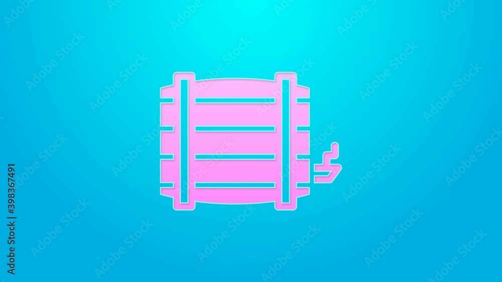 Pink line Wooden barrel icon isolated on blue background. Alcohol barrel, drink container, wooden keg for beer, whiskey, wine. 4K Video motion graphic animation Pink line Wooden barrel icon isolated on blue background. Alcohol barrel, drink container, wooden keg for beer, whiskey, wine. 4K Video motion graphic animation