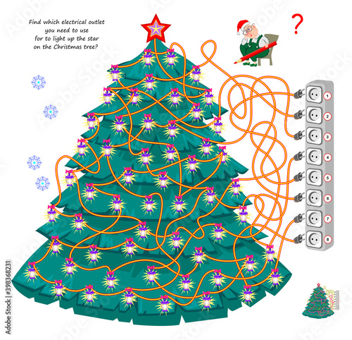 Logic puzzle game with labyrinth for children and adults. Find which electrical outlet you need to use for to light up the star on the Christmas tree? Brain teaser book. IQ test. Play online.