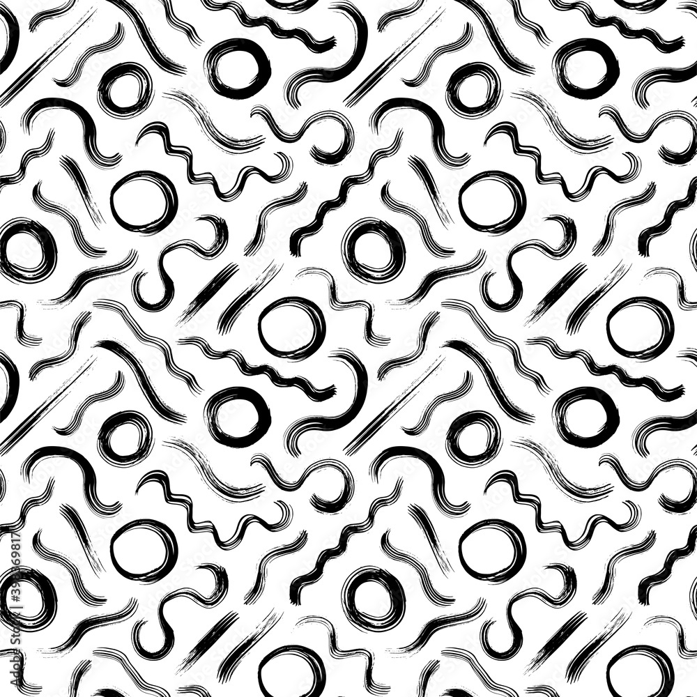 Geometric vector seamless pattern with wavy lines and circles. Grunge brush stroke round shapes and diagonal swirls. Hand drawn ink illustration. Hipster black paint geometric background. 
