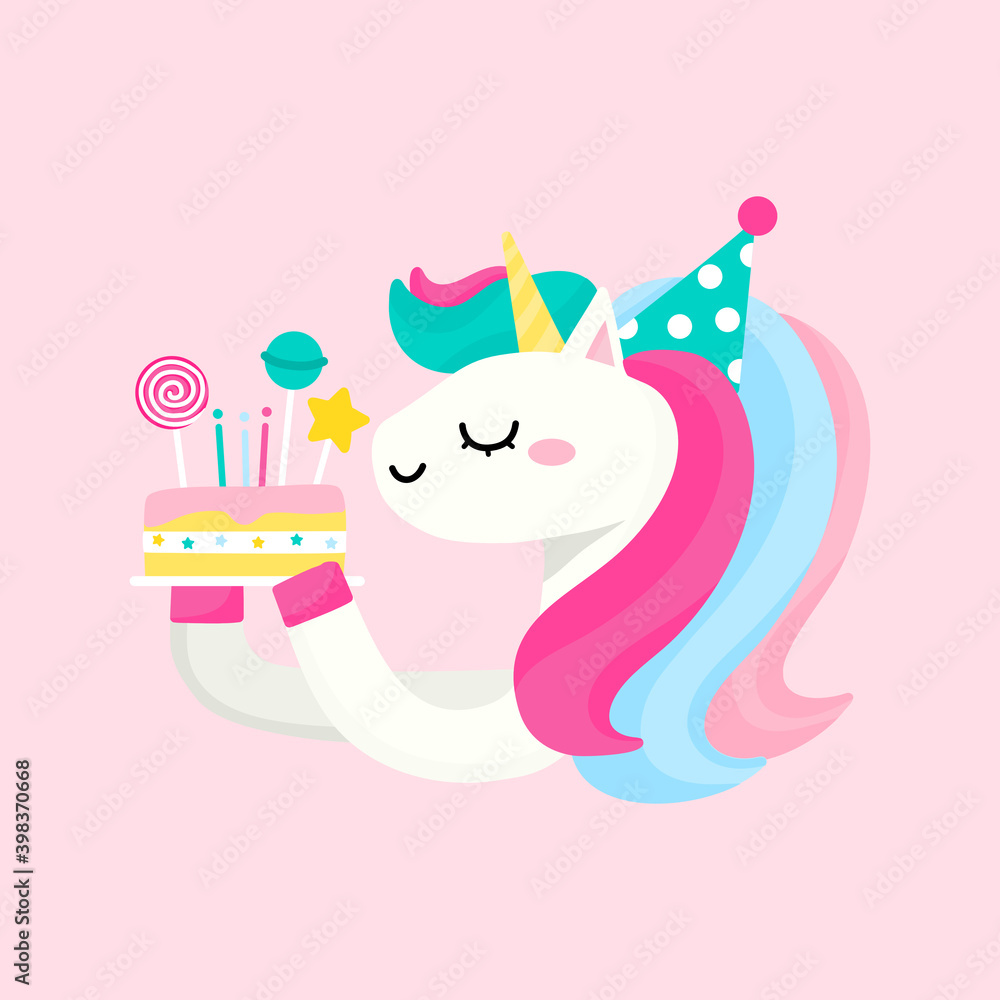Cute Unicorn Birthday cake with Lolipop, candy, stars and wax candle. Hand  drawn Kawaii pony cartoon vector Design elements illustration. Stock Vector  | Adobe Stock