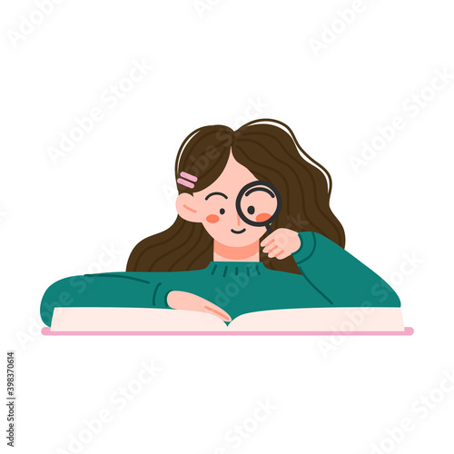 Girl reading a interesting book with magnifying glass design elements illustration.