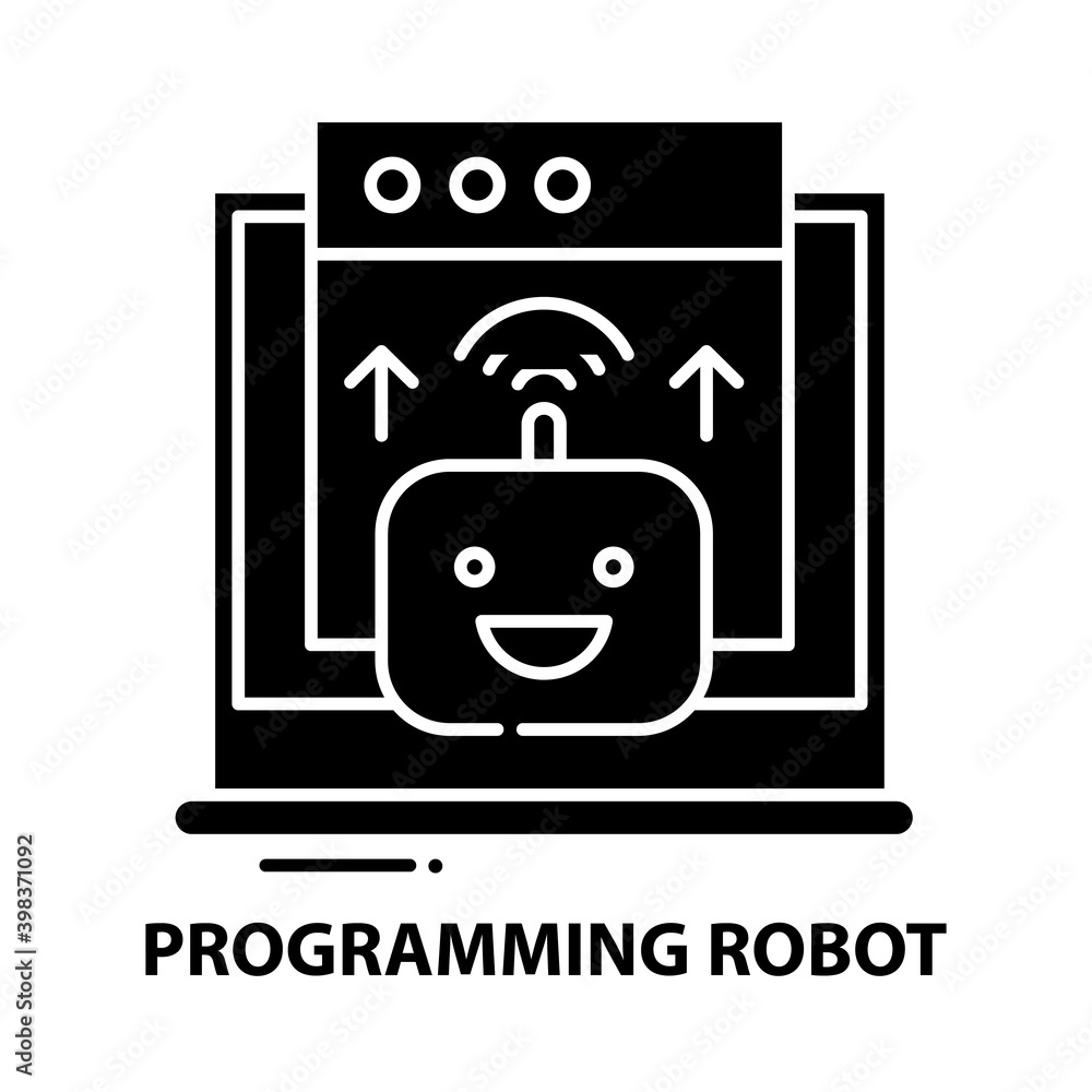 programming robot icon, black vector sign with editable strokes, concept illustration programming robot icon, black vector sign with editable strokes, concept illustration