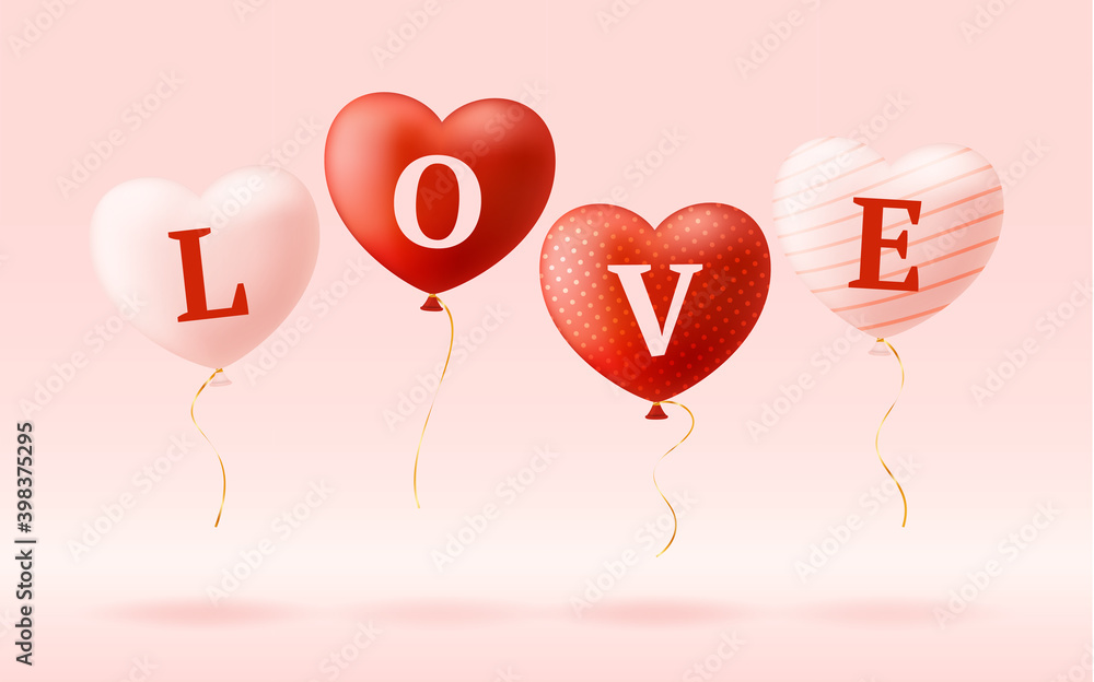 Love word on realistic hearts. Valentine's day card with pink and red hearts and lettering love. Vector illustration