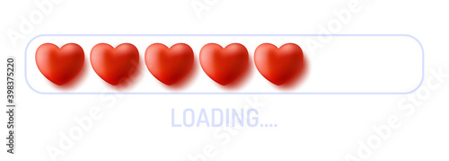 Love loading concept. Progress status bar with realistic Red heart. Funny happy valentines day element. Web design app download timer.