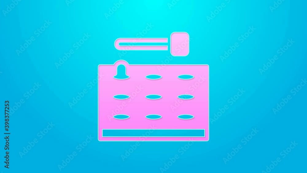 Pink line Arcade game machine with hammer icon isolated on blue background. Amusement park attraction. 4K Video motion graphic animation Pink line Arcade game machine with hammer icon isolated on blue background. Amusement park attraction. 4K Video motion graphic animation