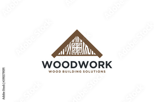 Wood work logo, wooden house builder logo business, carpenter handyman, plank wood home icon.