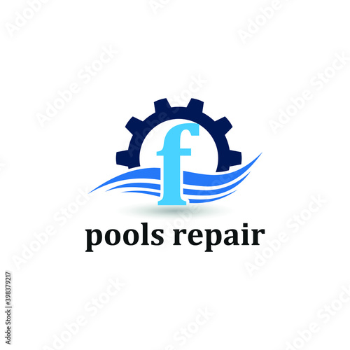 Initial f letter for swimming pools and aquatic venue repairing, setting and service company logo template