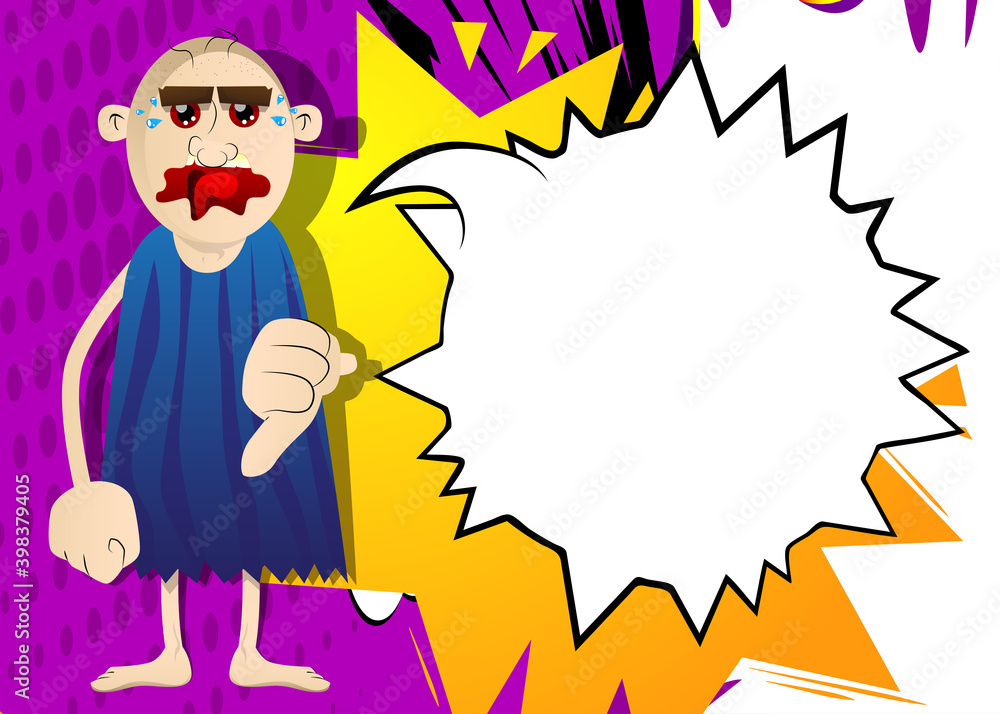 Cartoon man from prehistoric era showing dislike hand sign. Vector illustration of a man from the stone age. Cartoon man from prehistoric era showing dislike hand sign. Vector illustration of a man from the stone age.