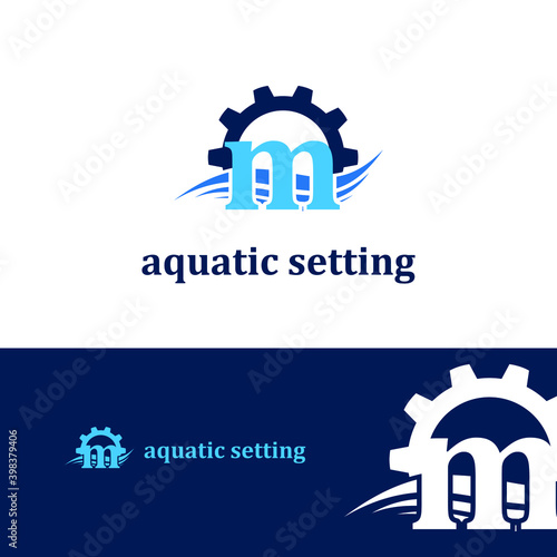 Initial m letter for swimming pools and aquatic venue repairing, setting and service company logo template