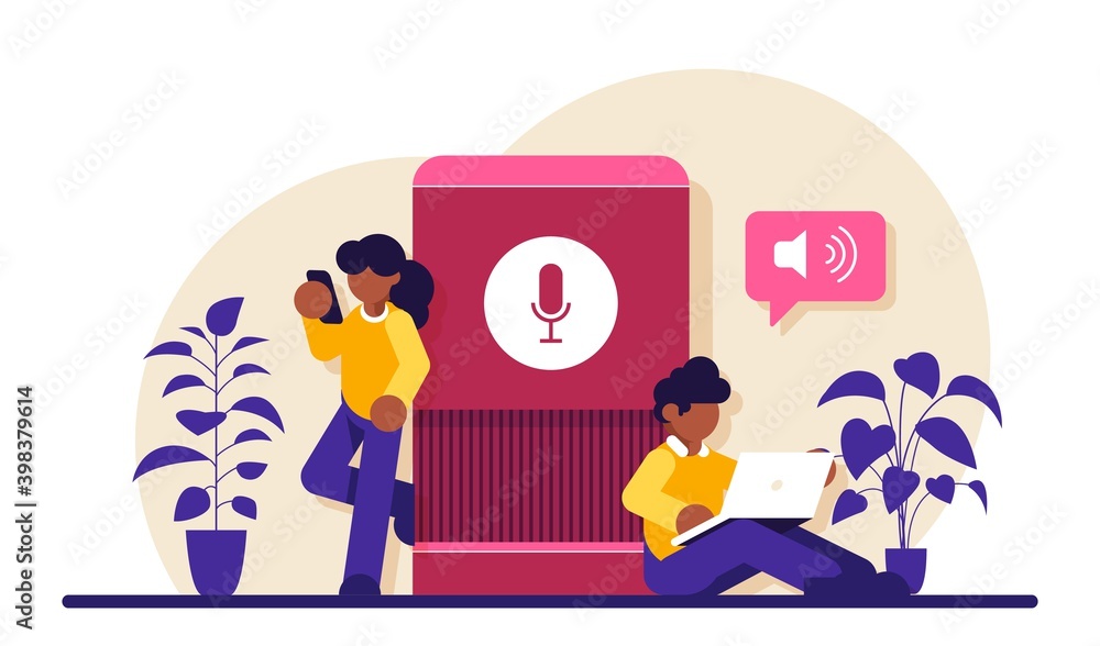 User with voice controlled smart speaker or voice assistant. Voice activated digital assistants, home automation hub, internet of things concept. Modern flat illustration. User with voice controlled smart speaker or voice assistant. Voice activated digital assistants, home automation hub, internet of things concept. Modern flat illustration.