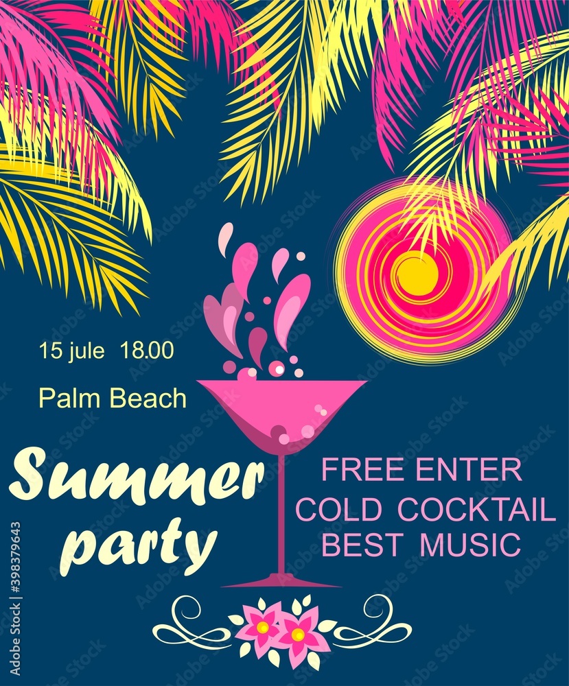 Naklejka premium Retro style poster for summer beach party invitation with coconut palm leaves, martini wineglass, frangipani flowers and hot sun
