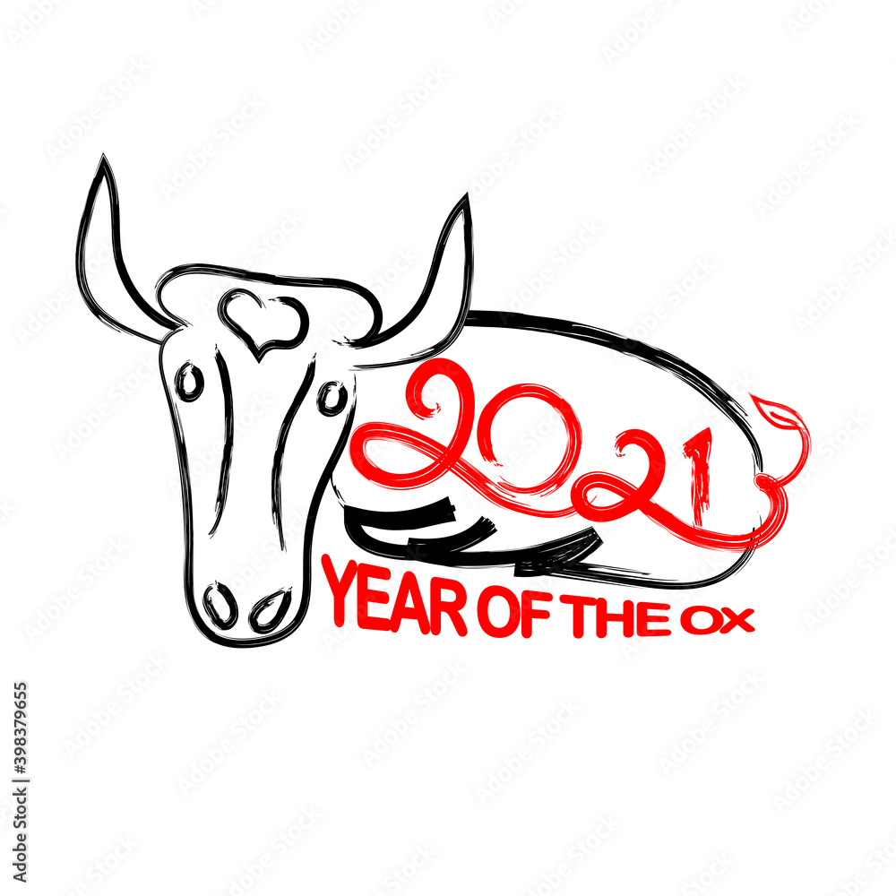 Chinese calligraphy for 2021 New Year of the ox, bull, cow. Lunar new year 2021. Zodiac sign for greetings card, invitation, posters, banners, calendar