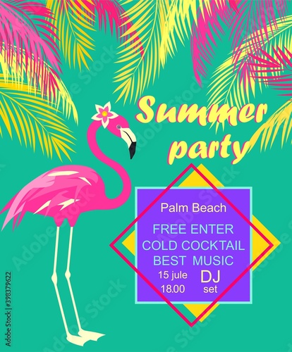 Flyer for summer beach party invitation with funny pink flamingo, and coconut palm leaves