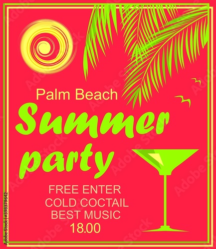 Vertical neon flyer template for summer beach party invitation with palm leaves, martini wineglass and hot sun