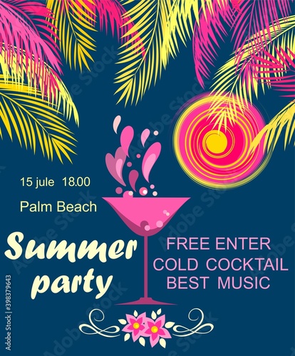 Retro style poster for summer beach party invitation with coconut palm leaves, martini wineglass, frangipani flowers and hot sun