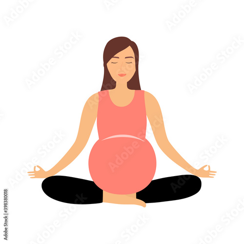 Pregnant woman doing prenatal yoga for relaxation and exercise. Pregnancy female doing meditation.