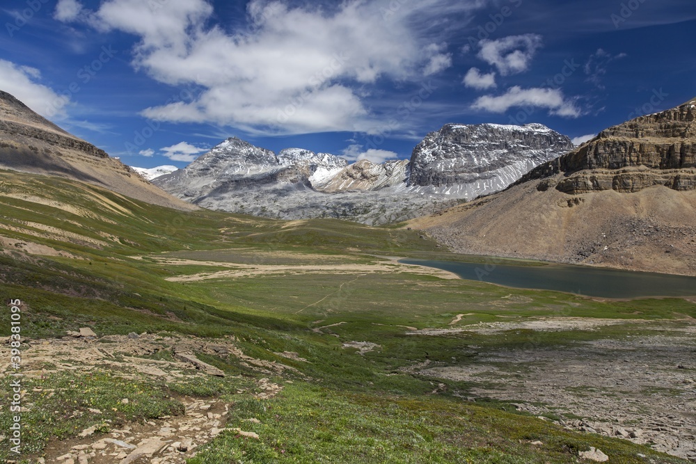 Dolomite Pass Green Alpine Meadow and Rugged Mountain Peaks Landscape on Great Hiking Trail in Siffleur Wildernes, Banff National Park, Canadian Rockies Dolomite Pass Green Alpine Meadow and Rugged Mountain Peaks Landscape on Great Hiking Trail in Siffleur Wildernes, Banff National Park, Canadian Rockies