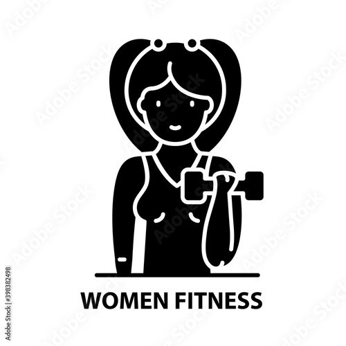 women fitness icon, black vector sign with editable strokes, concept illustration