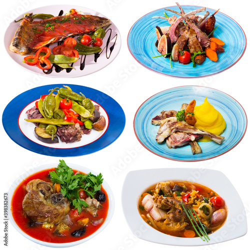 Set of assorted lamb dishes isolated on white