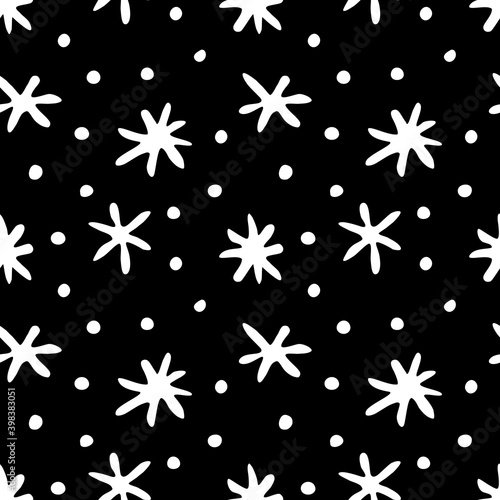 Vector seamless pattern from hand drawn snowflakes in doodle style. Winter  christmas  new year background and texture. Snowfall and night sky