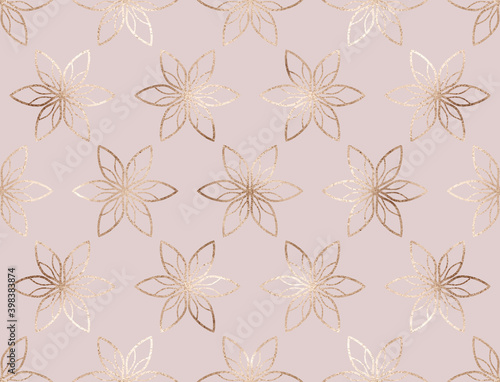 Abstract gold geometric flowers seamless pattern.