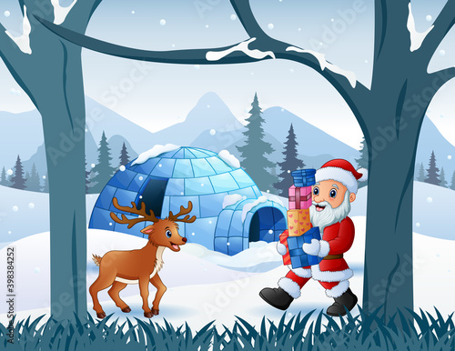 Merry Christmas with Santa Claus and deer near the igloo