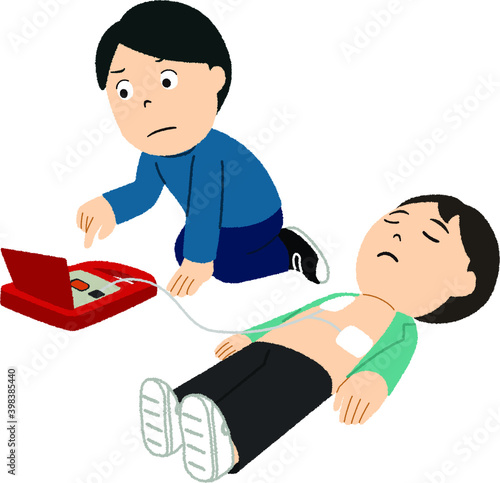AEDで救命の防災訓練をするイラスト