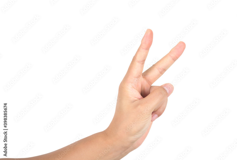 A hand with two fingers raised in front of a white background A hand with two fingers raised in front of a white background