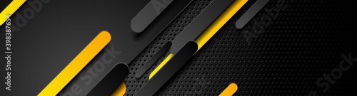 Black and orange stripes on dark perforated metallic background. Hi-tech vector wide banner design
