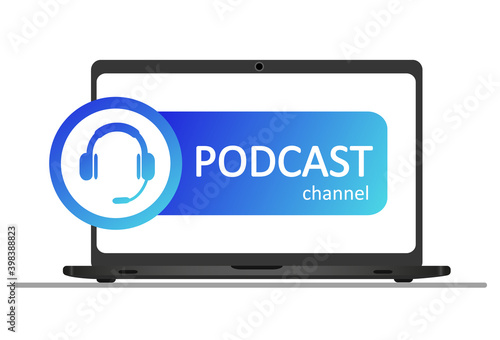 Podcast or radio logo. Gradient symbol and button of live streaming, broadcasting, online webinar. Label for tv, shows, movies and live performances. Vector flat illustration.