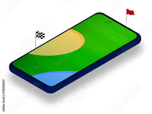 green golf course on smartphone screen. Online games, modern technologies in sports and entertainment industry. Ismetric vector