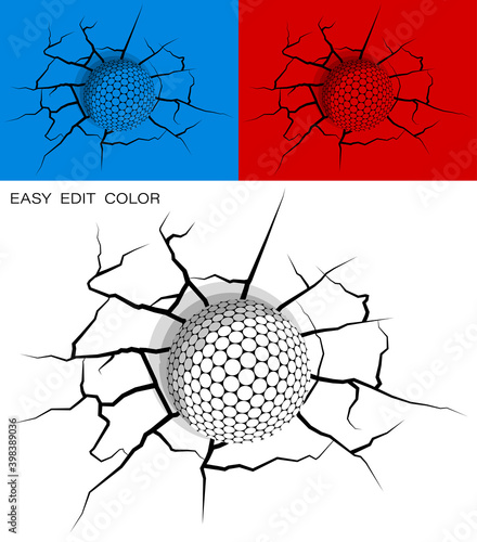 golf ball hit wall powerfully and damaged, cracks on wall. Sports design element. Active lifestyle. Vector on white or color background with cracks