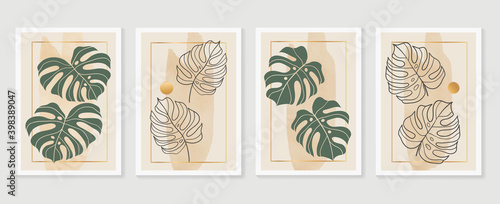 Monstera leaves and Gold Frame luxury wall arts vector. Tropical leaf hand drawn with watercolor texture. Design for Prints, home arts decoration and cover design. 